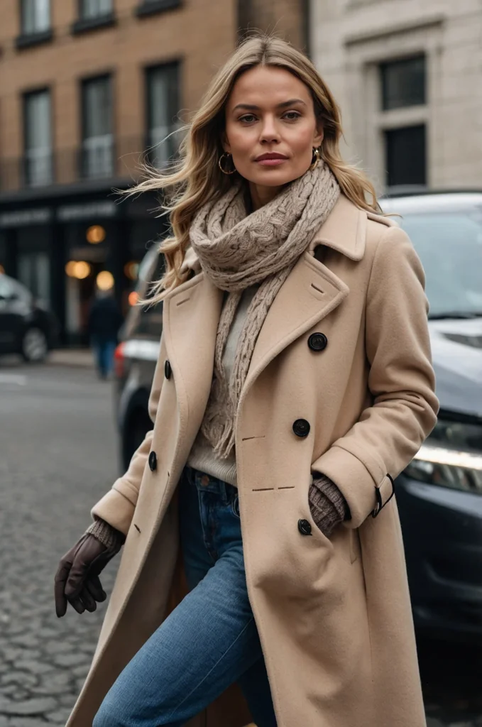 Chic Double-Breasted Coat with Wool Scarf