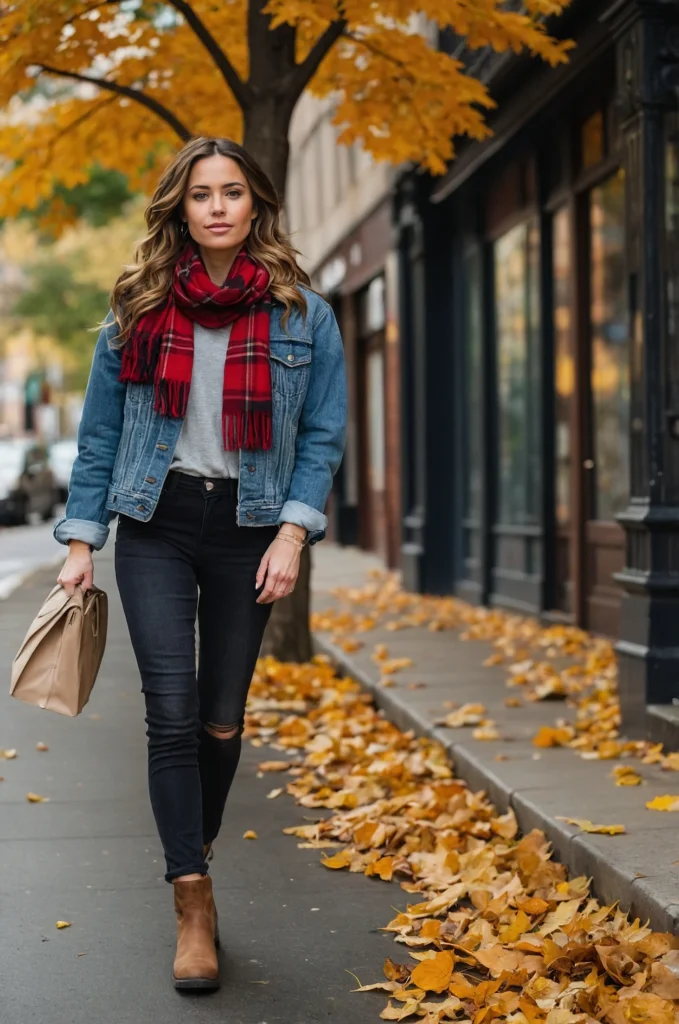 Denim Jacket and Plaid Scarf