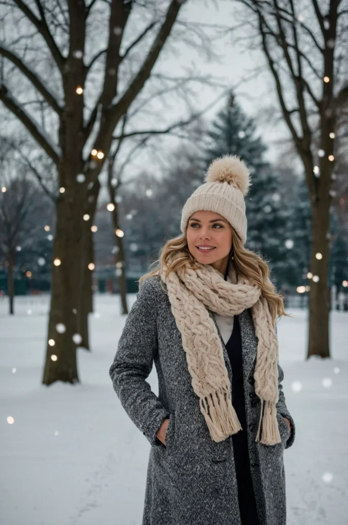 Elegant Wool Coat with Knit Hat