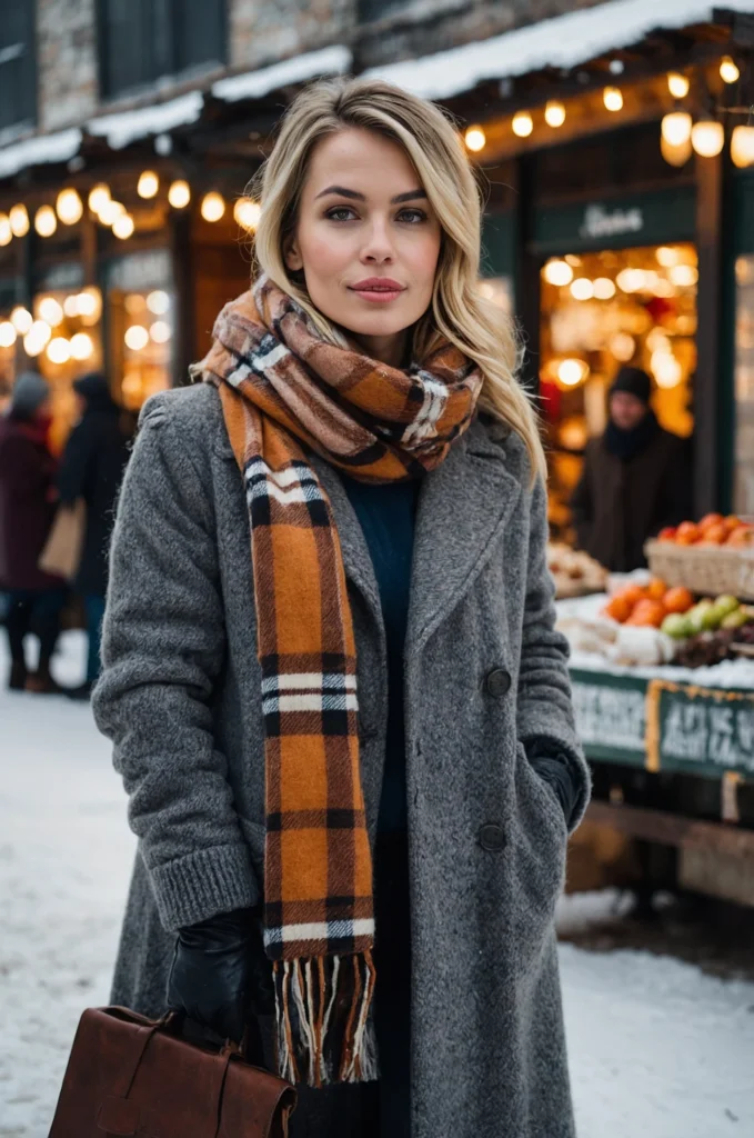 Winter Layered Look with Plaid Scarf