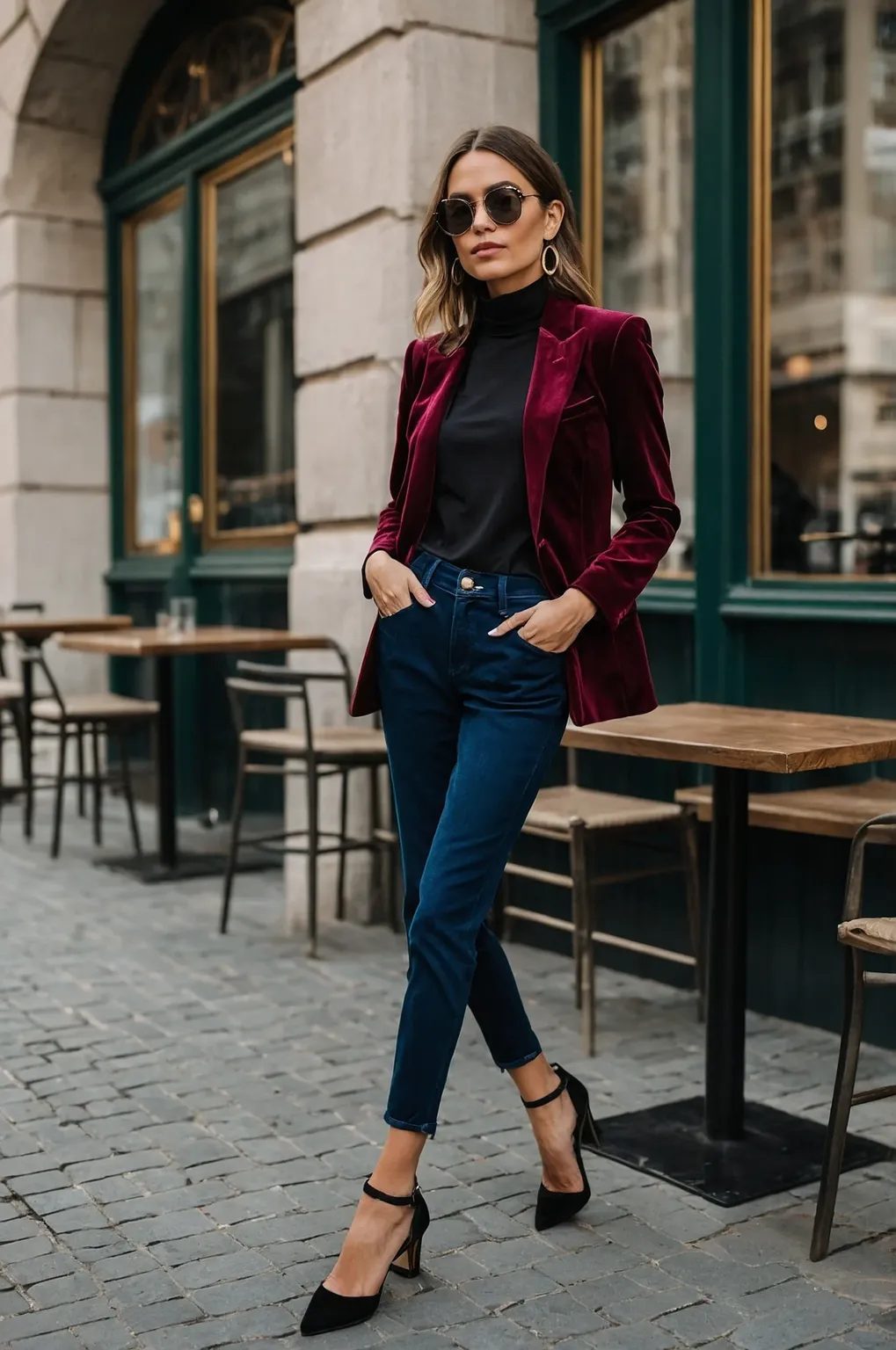 Velvet blazer with dark jeans business casual outfit