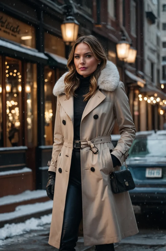 Sleek Trench Coat with Fur Collar