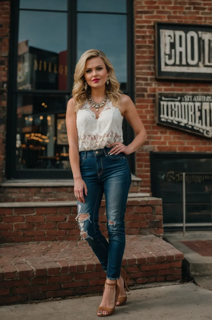 High-Waisted Jeans and Lace Top