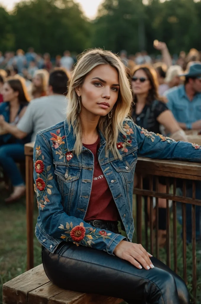 Embroidered Denim Jacket and Leather Leggings
