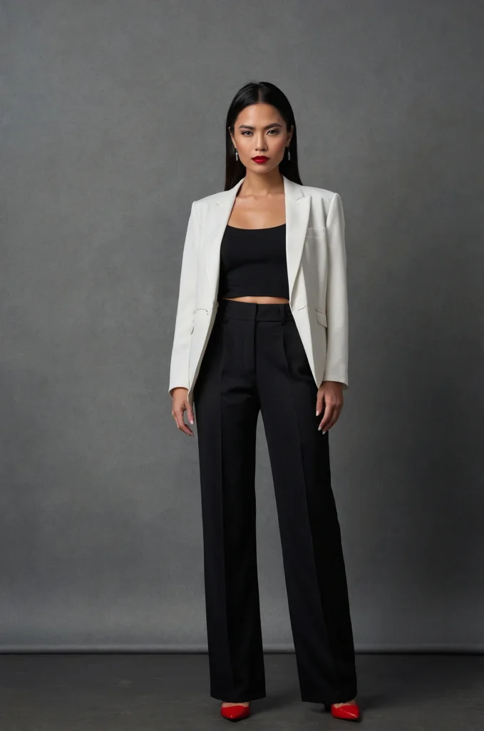 Structured White Blazer and Black Trousers