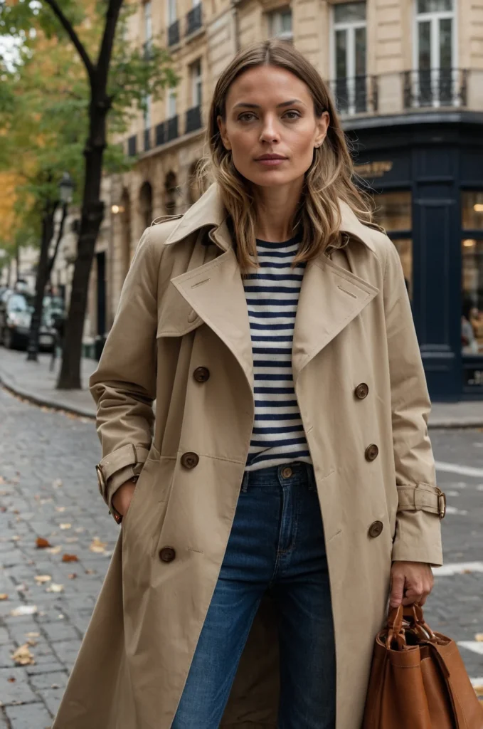 Trench Coat over a Striped Knit
