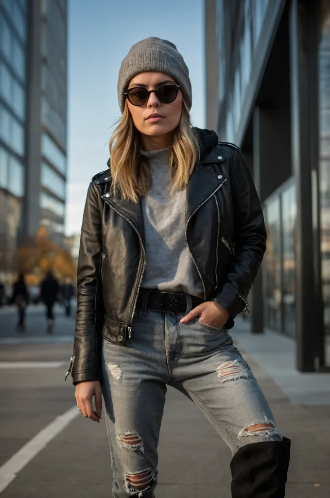 Leather Jacket, Hoodie, & Jeans