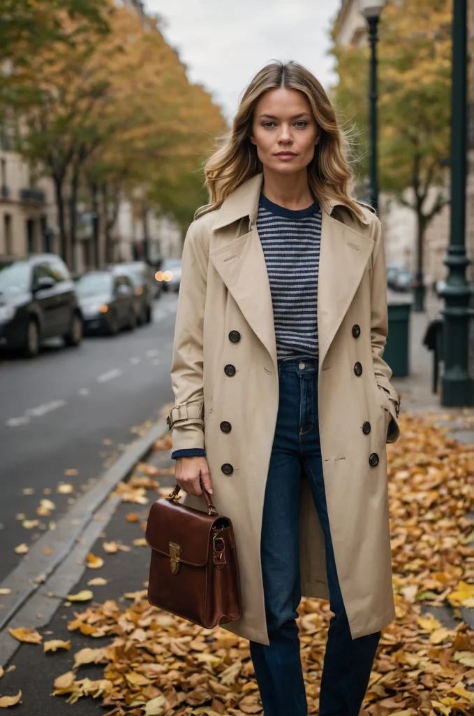 Classic Trench Coat & Striped Sweater