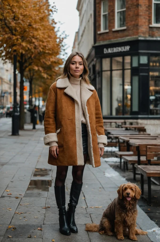 Shearling Coat with a Mini Skirt