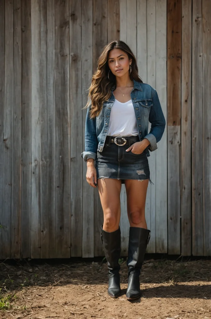 Denim Skirt with Cowboy Boots