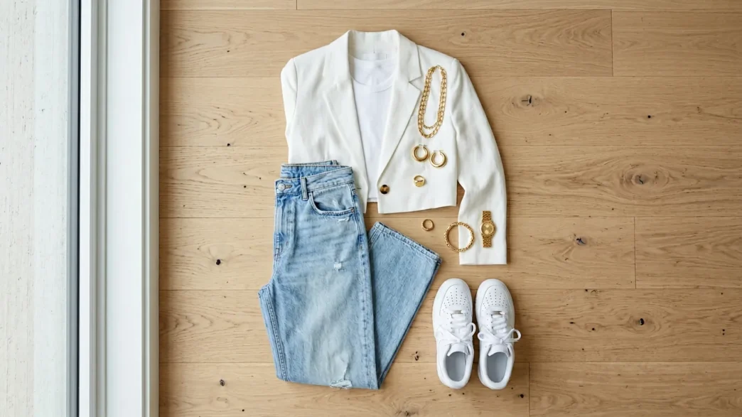 Overhead view of aesthetic outfit with vintage wide-leg jeans, cropped white blazer and chunky gold jewelry on wood floor