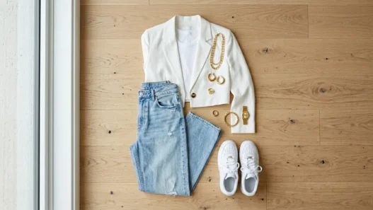 Overhead view of aesthetic outfit with vintage wide-leg jeans, cropped white blazer and chunky gold jewelry on wood floor