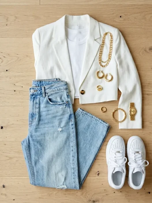 Overhead view of aesthetic outfit with vintage wide-leg jeans, cropped white blazer and chunky gold jewelry on wood floor