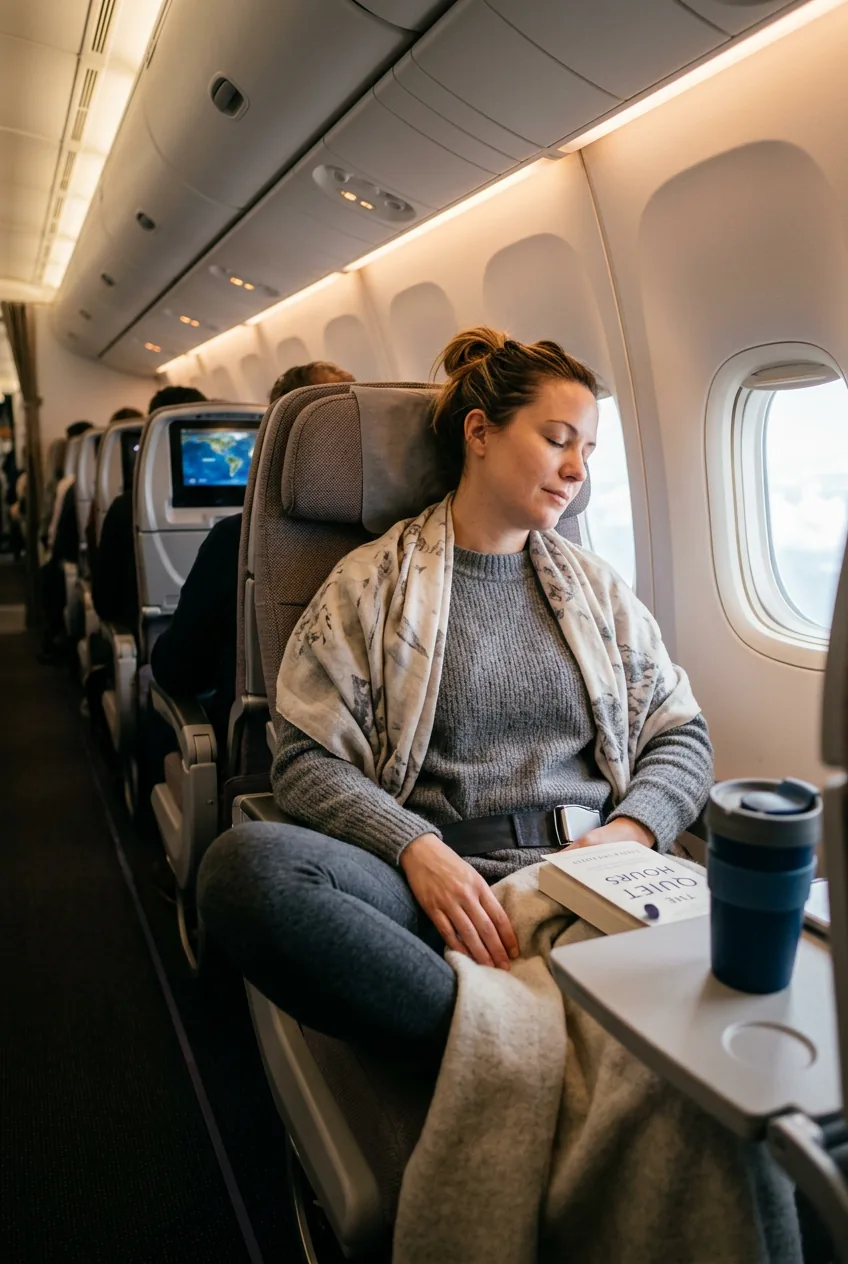 Woman sitting in airplane seat wearing gray sweater with light scarf draped over shoulders