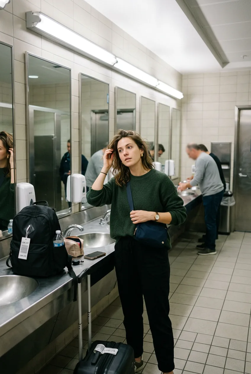 Woman checking appearance in airport bathroom mirror adjusting travel outfit after flight