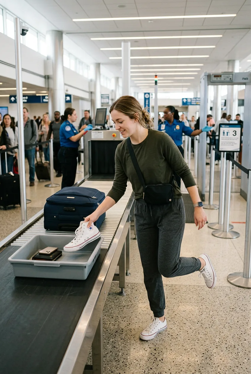 Woman removing sneakers at airport security checkpoint wearing crossbody bag and comfortable leggings