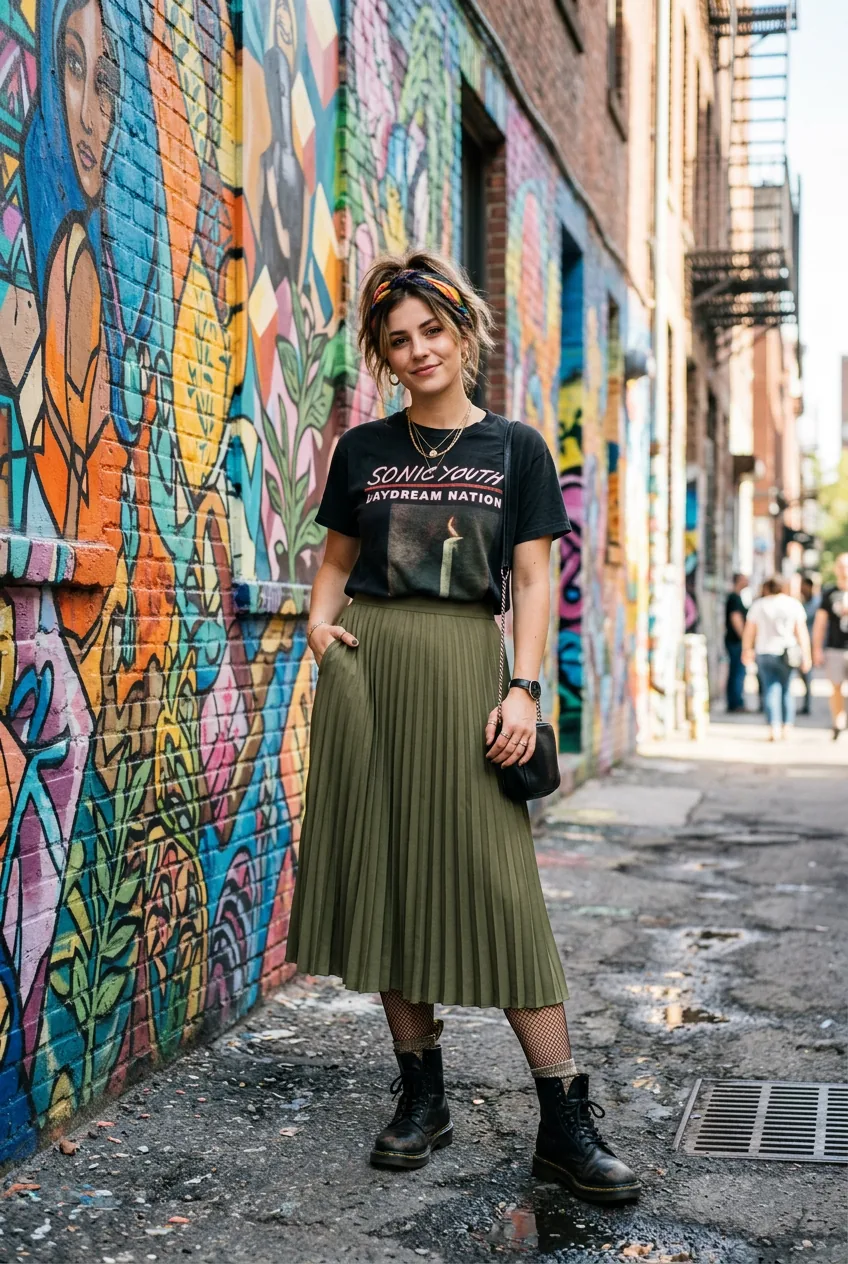 Woman wearing pleated skirt with graphic tee and combat boots against bright street art