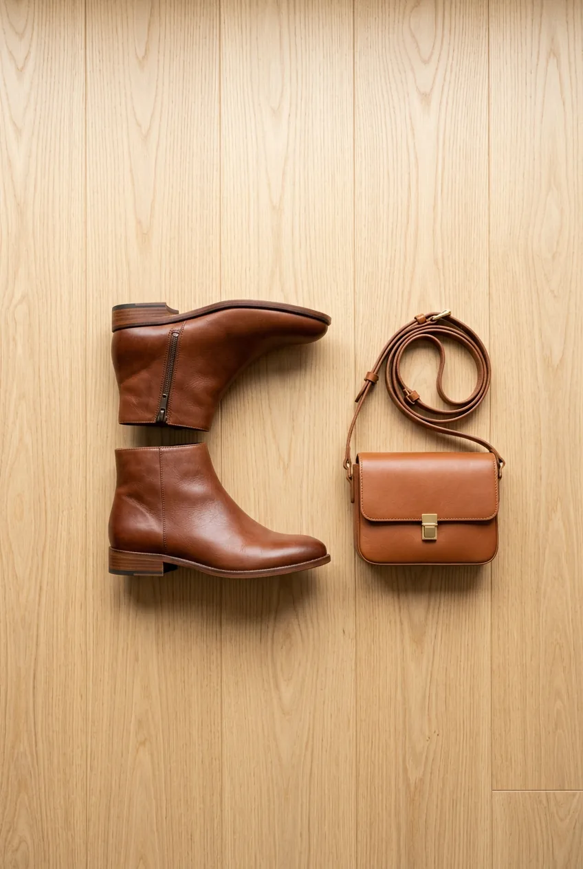 Brown leather ankle boots and cognac crossbody bag arranged on wood floor showing coordinated styling