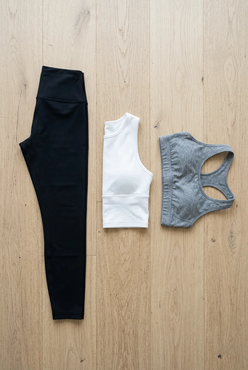 Athletic foundation pieces including high-waisted black leggings and fitted white crop top arranged on light wood surface