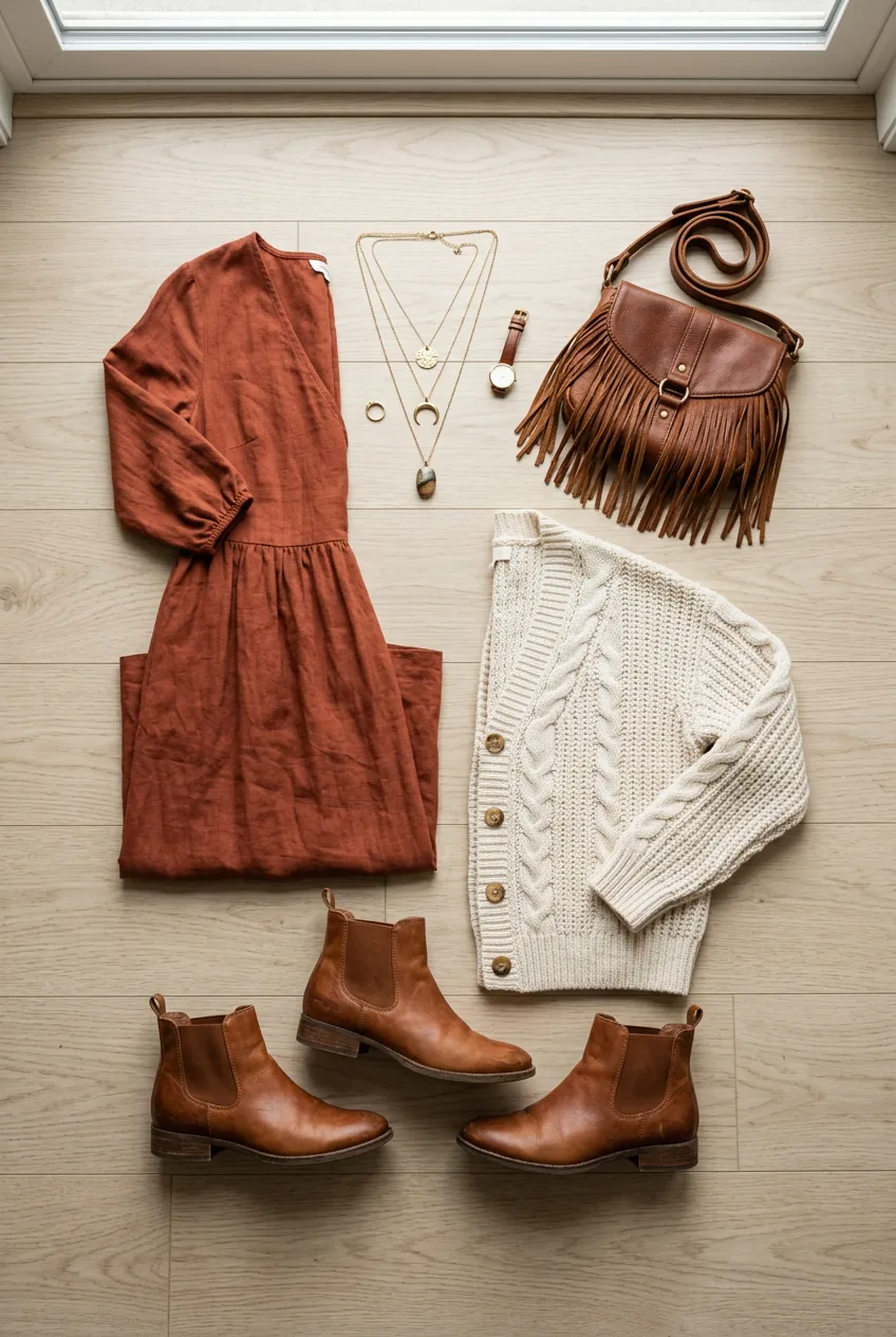 Rust-colored flowing midi dress with cream chunky cardigan, cognac leather boots and fringe bag with layered pendant necklaces