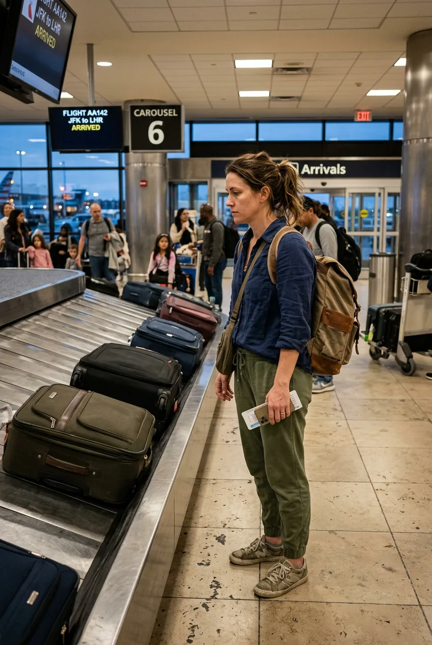 Woman standing at airport baggage claim in slightly wrinkled travel outfit after long flight