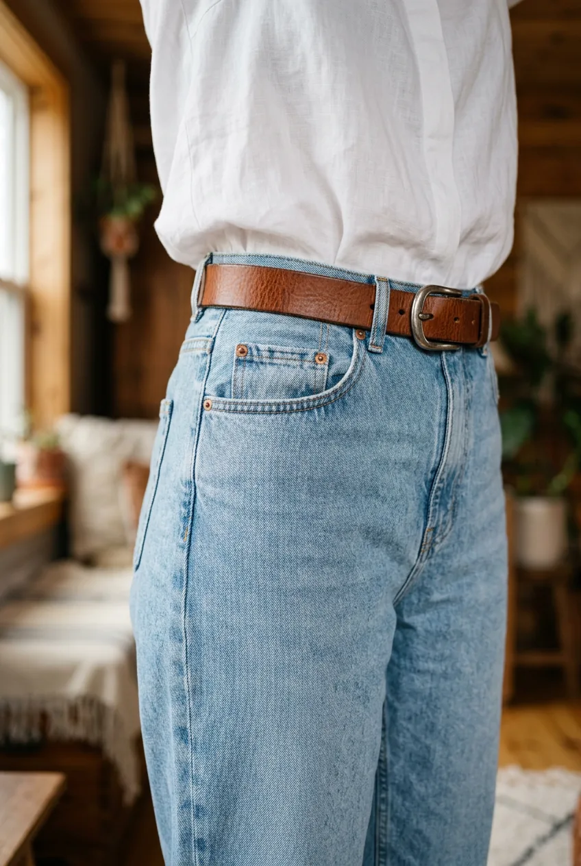 Brown leather belt positioned at waistband of baggy jeans with white tucked blouse creating waist definition