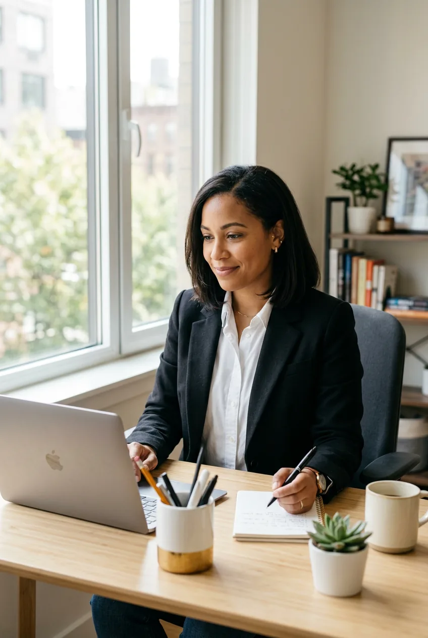 Woman wearing black blazer over white shirt at modern home desk with laptop and office supplies