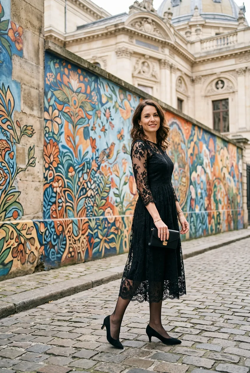 Woman in knee-length black dress with lace details and low heels for classical concert