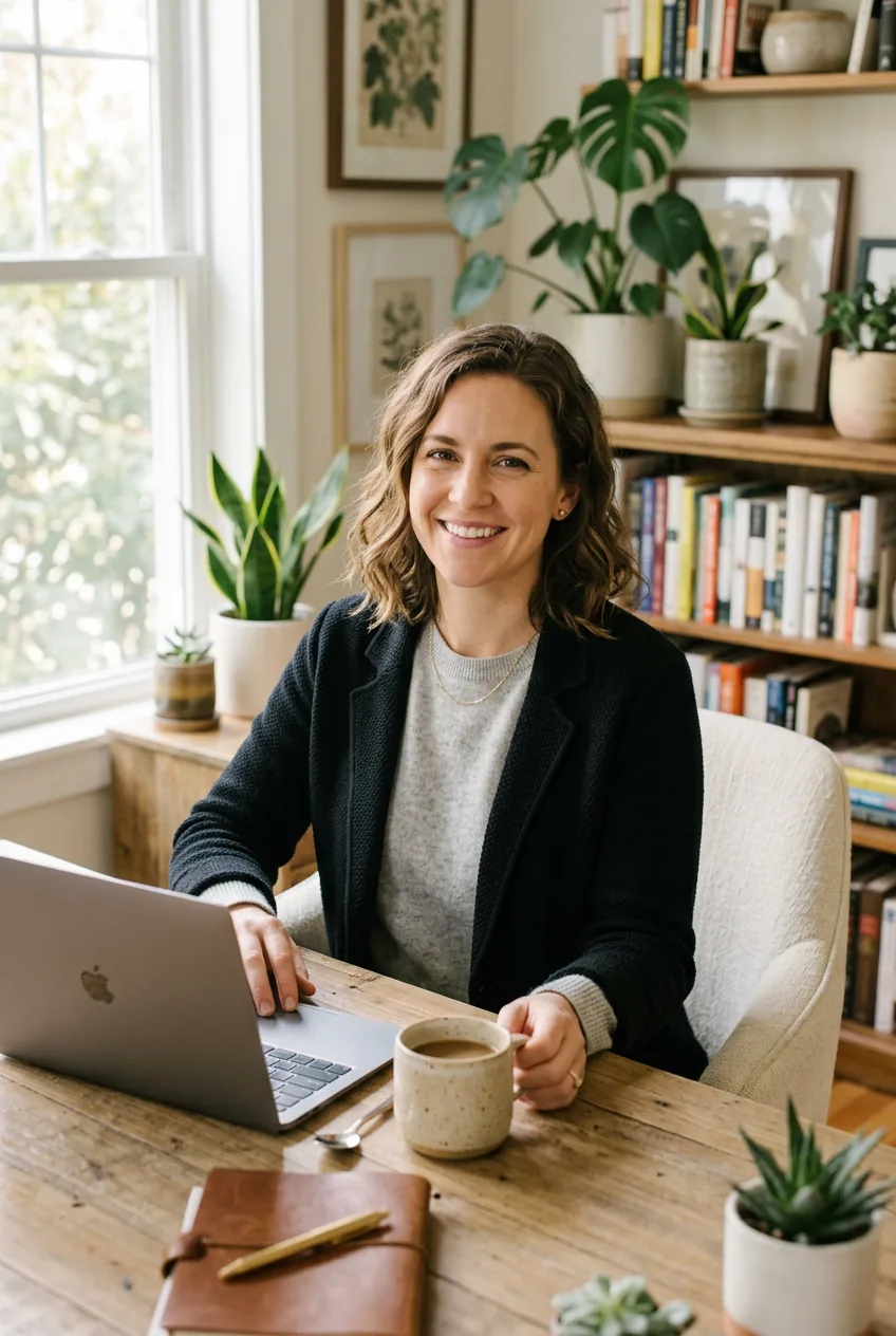 Woman in black knit blazer and gray sweater seated at bright home office desk