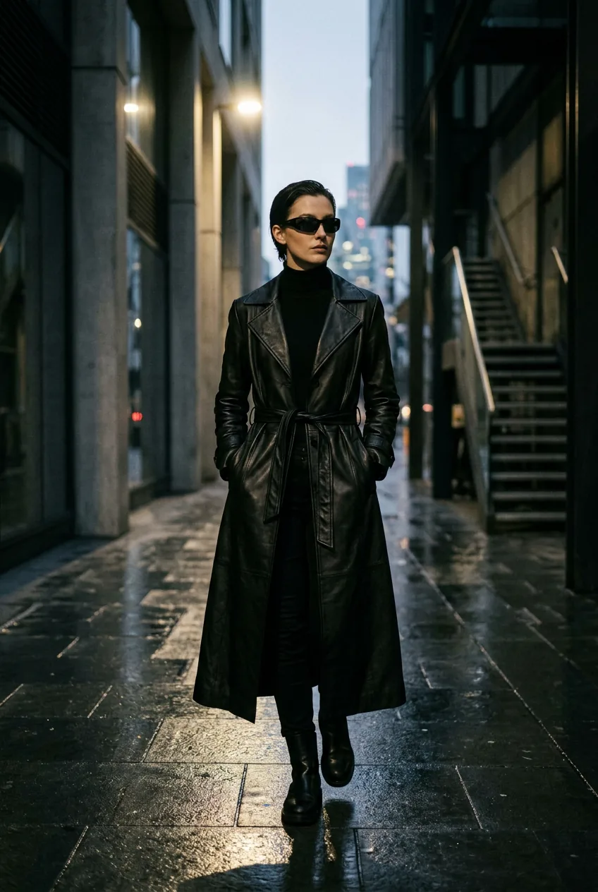 Woman wearing long black leather coat and sleek sunglasses in Matrix-inspired look