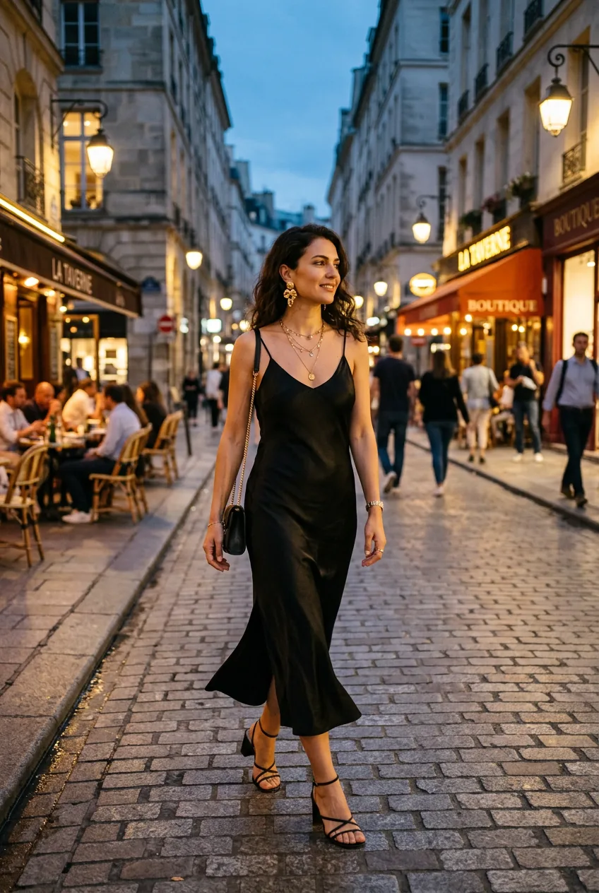 Woman in flowing black silk slip dress with layered gold jewelry and strappy sandals