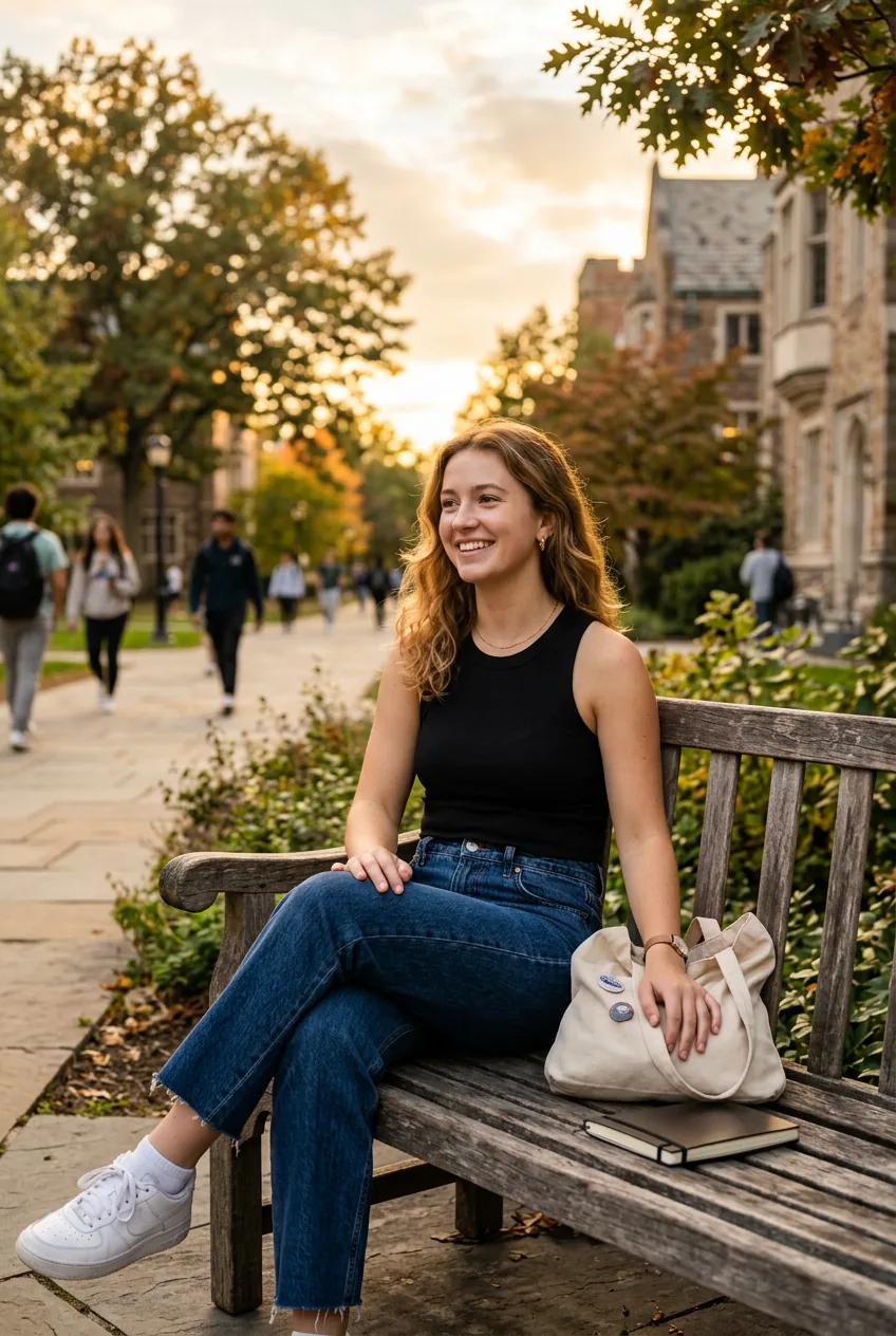Student wearing black tank top and high-waisted straight leg jeans on campus bench