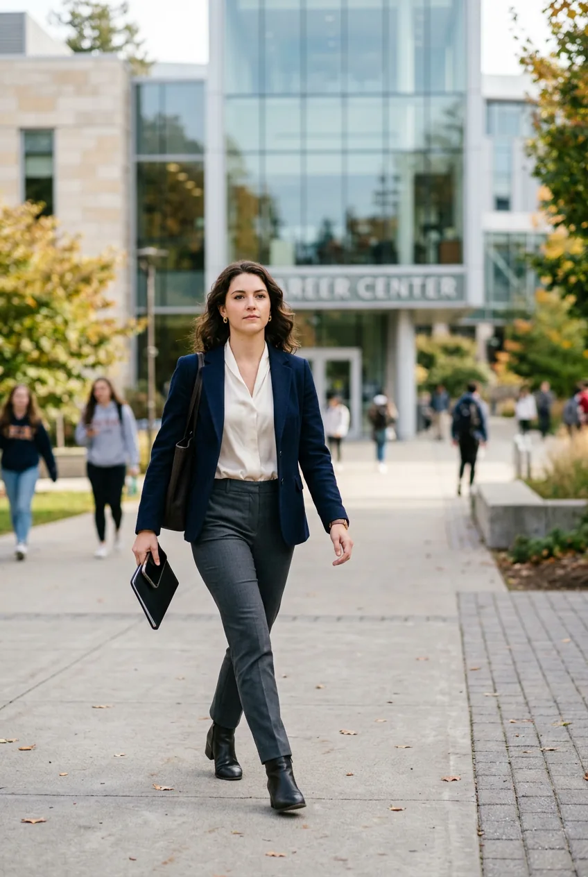 Woman in professional blazer with silk blouse and tailored pants walking to career center