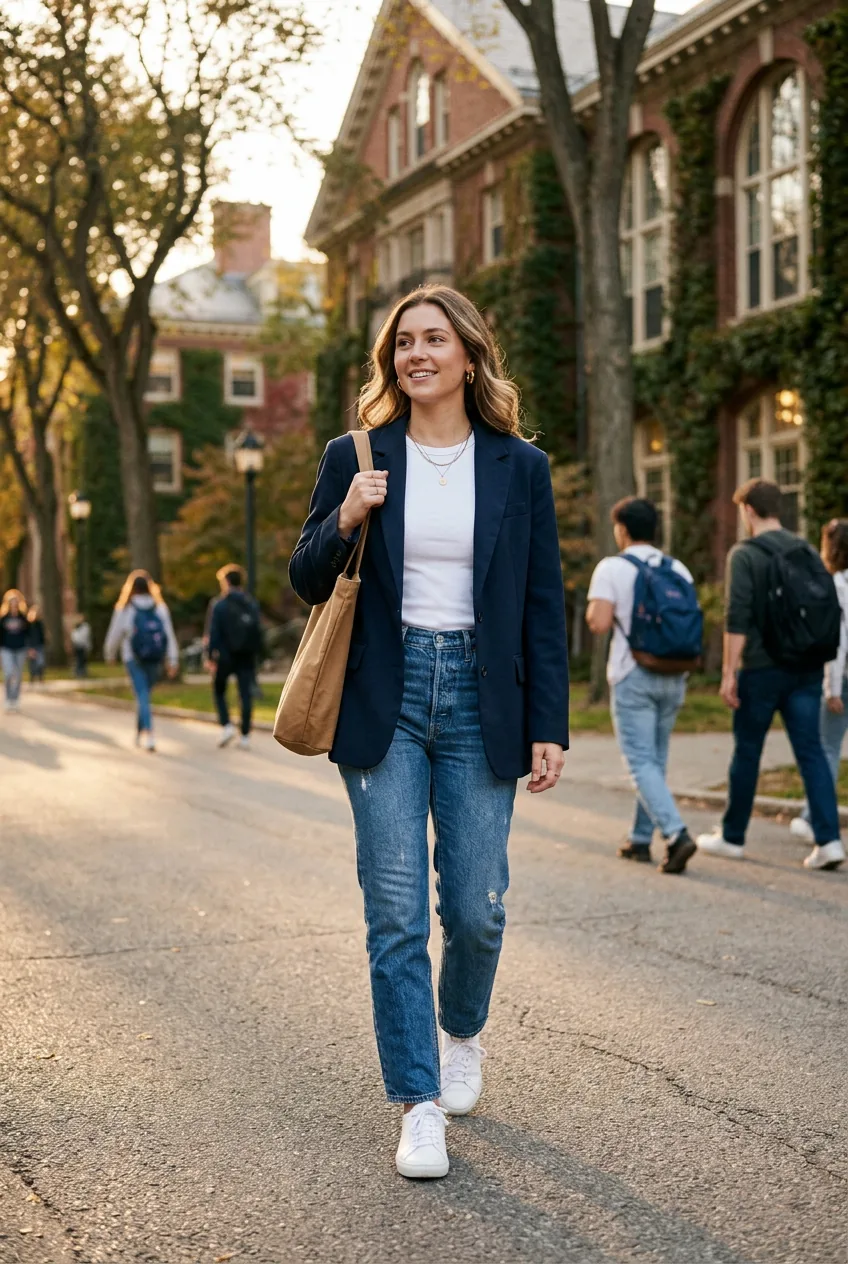 Woman in blazer over fitted tee and jeans with white sneakers walking across university campus