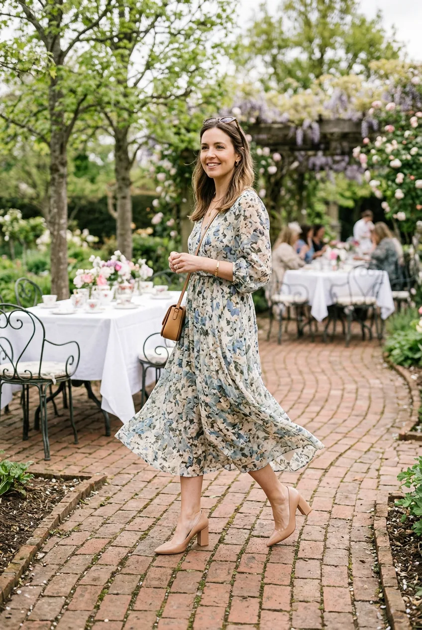 Woman wearing pointed toe block heel pumps walking on garden brick pathway in midi dress