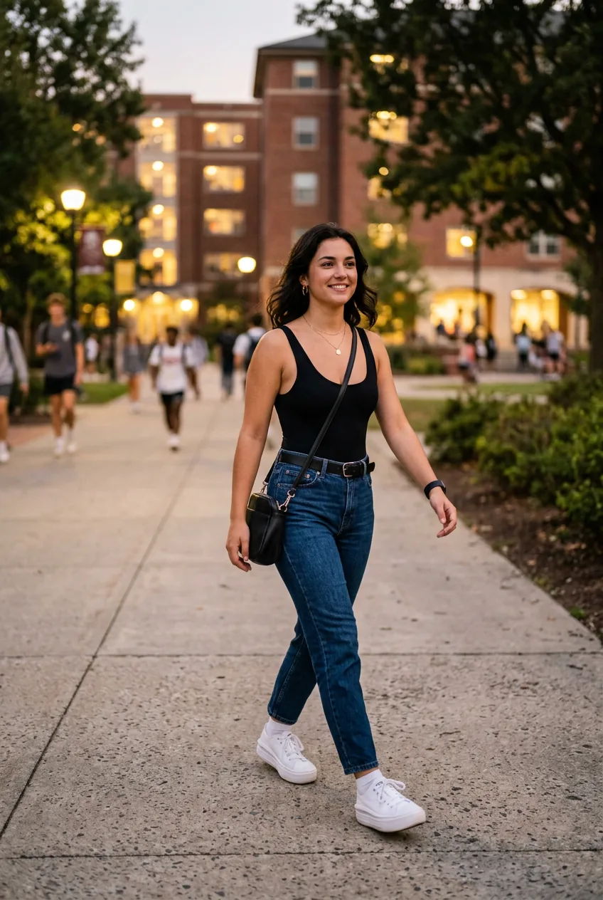 Woman wearing black bodysuit with high-waisted jeans and platform sneakers on campus