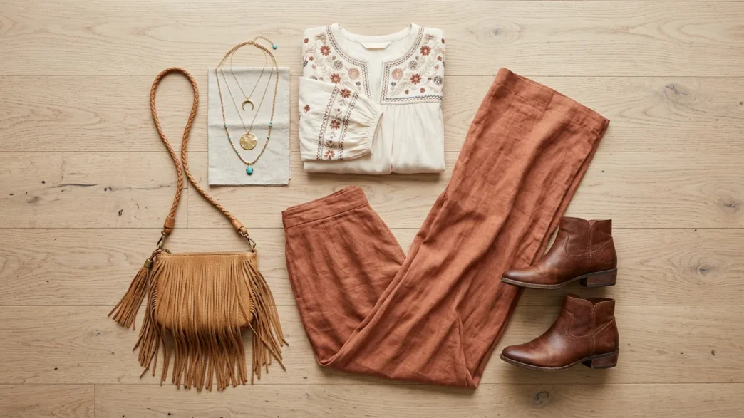 Complete boho chic outfit flat lay with cream peasant blouse, terracotta wide-leg pants, brown ankle boots and fringe bag on light wood floor
