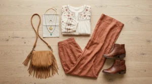 Complete boho chic outfit flat lay with cream peasant blouse, terracotta wide-leg pants, brown ankle boots and fringe bag on light wood floor