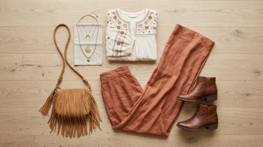Complete boho chic outfit flat lay with cream peasant blouse, terracotta wide-leg pants, brown ankle boots and fringe bag on light wood floor
