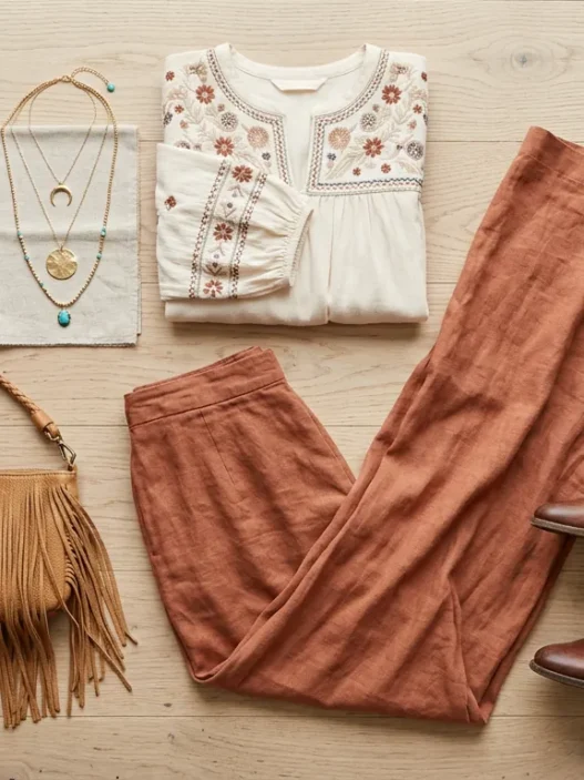 Complete boho chic outfit flat lay with cream peasant blouse, terracotta wide-leg pants, brown ankle boots and fringe bag on light wood floor