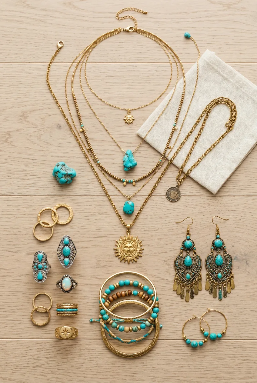 Layered gold necklaces, stacked bohemian rings, turquoise earrings and vintage coin pendants arranged artistically on wood floor