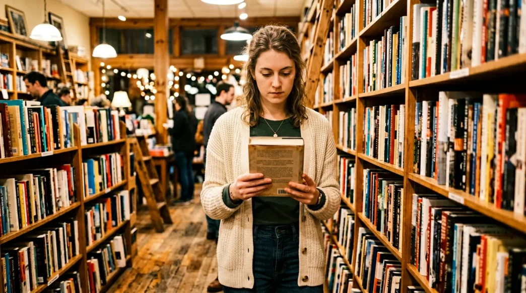 Woman browsing books in cozy independent bookstore wearing casual fall layers