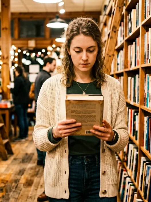 Woman browsing books in cozy independent bookstore wearing casual fall layers