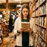 Woman browsing books in cozy independent bookstore wearing casual fall layers