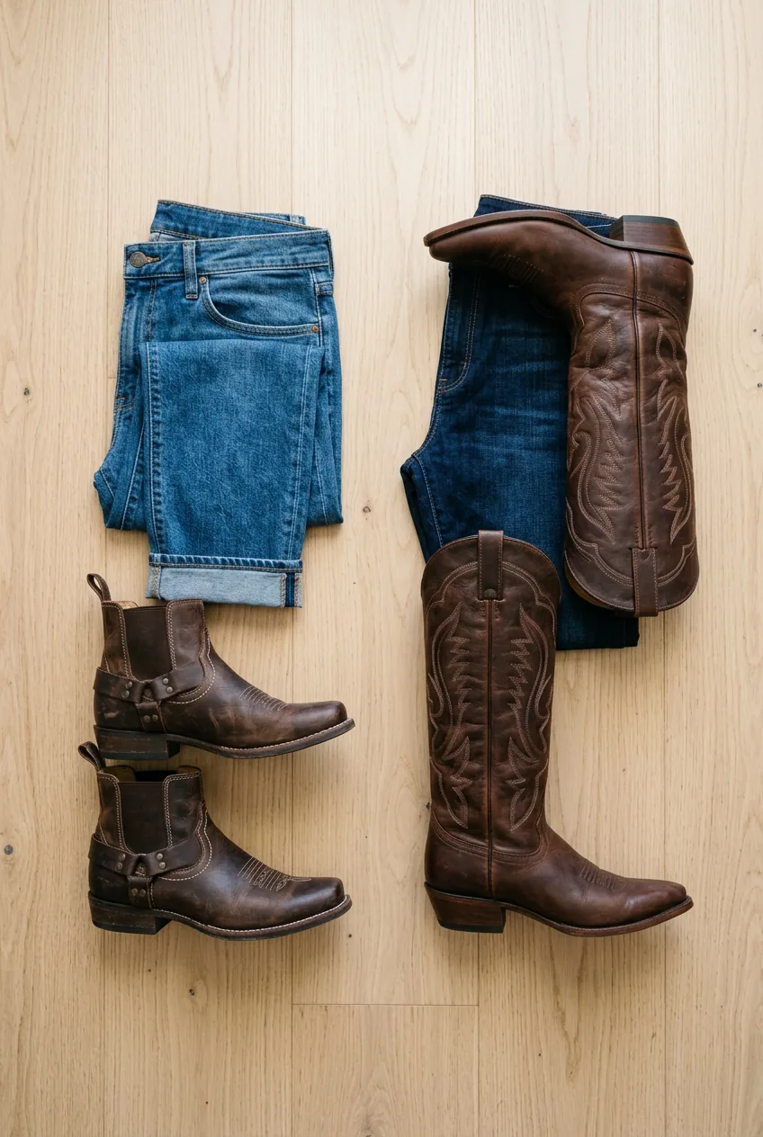 Proper boot and jean coordination showing ankle boots with cuffed jeans and knee-high boots with tucked jeans