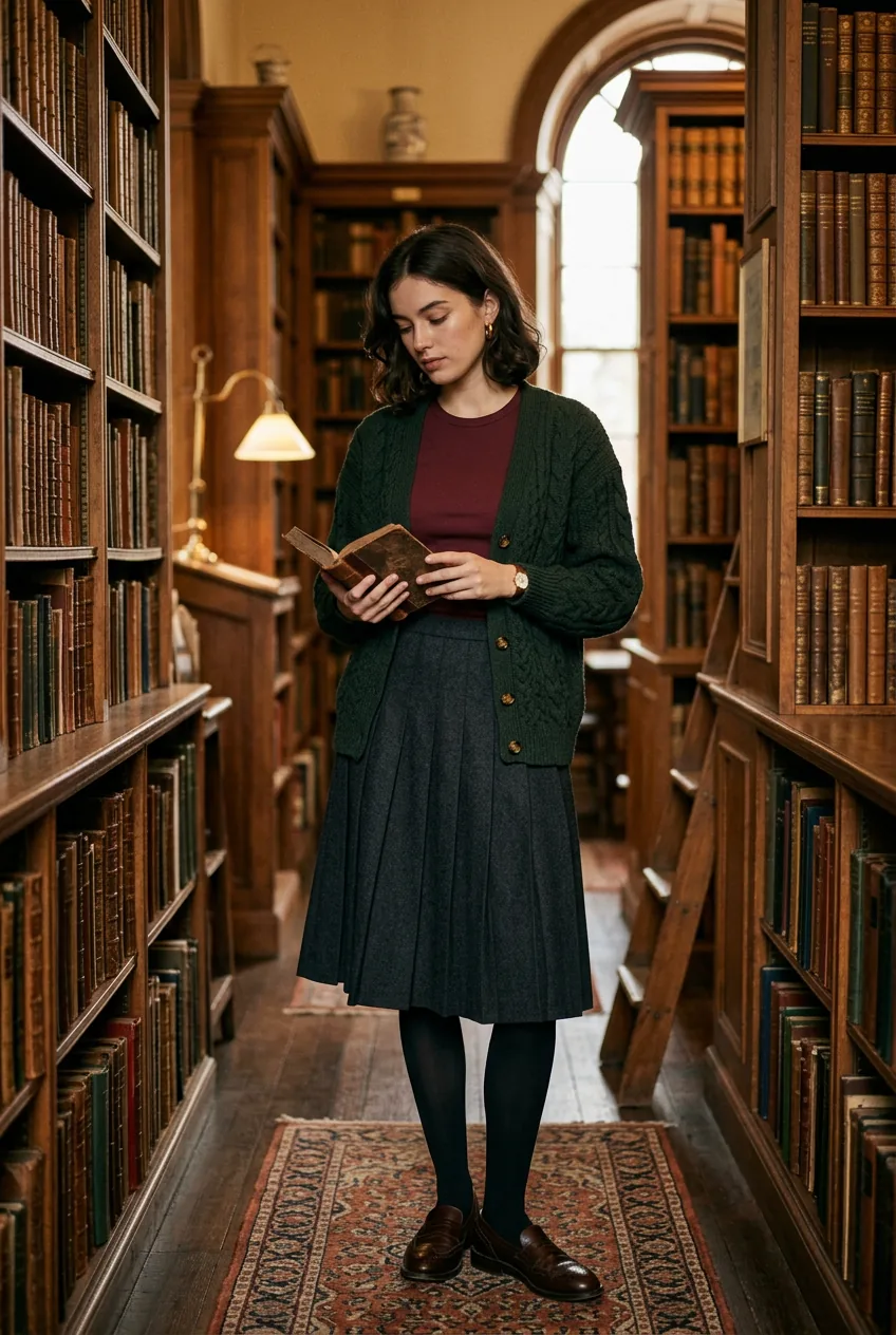 Woman in burgundy baby tee layered under cardigan with pleated skirt in library setting