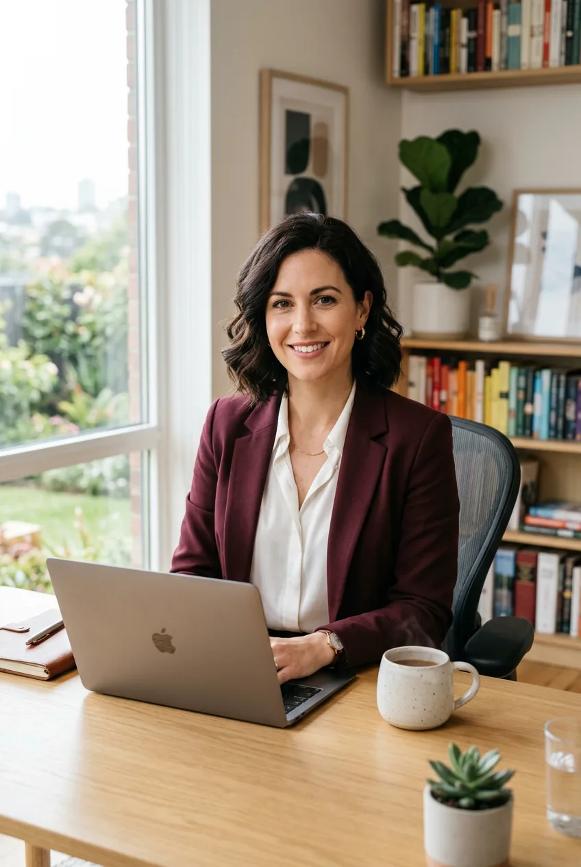 Woman wearing burgundy blazer over white silk blouse at professional workspace