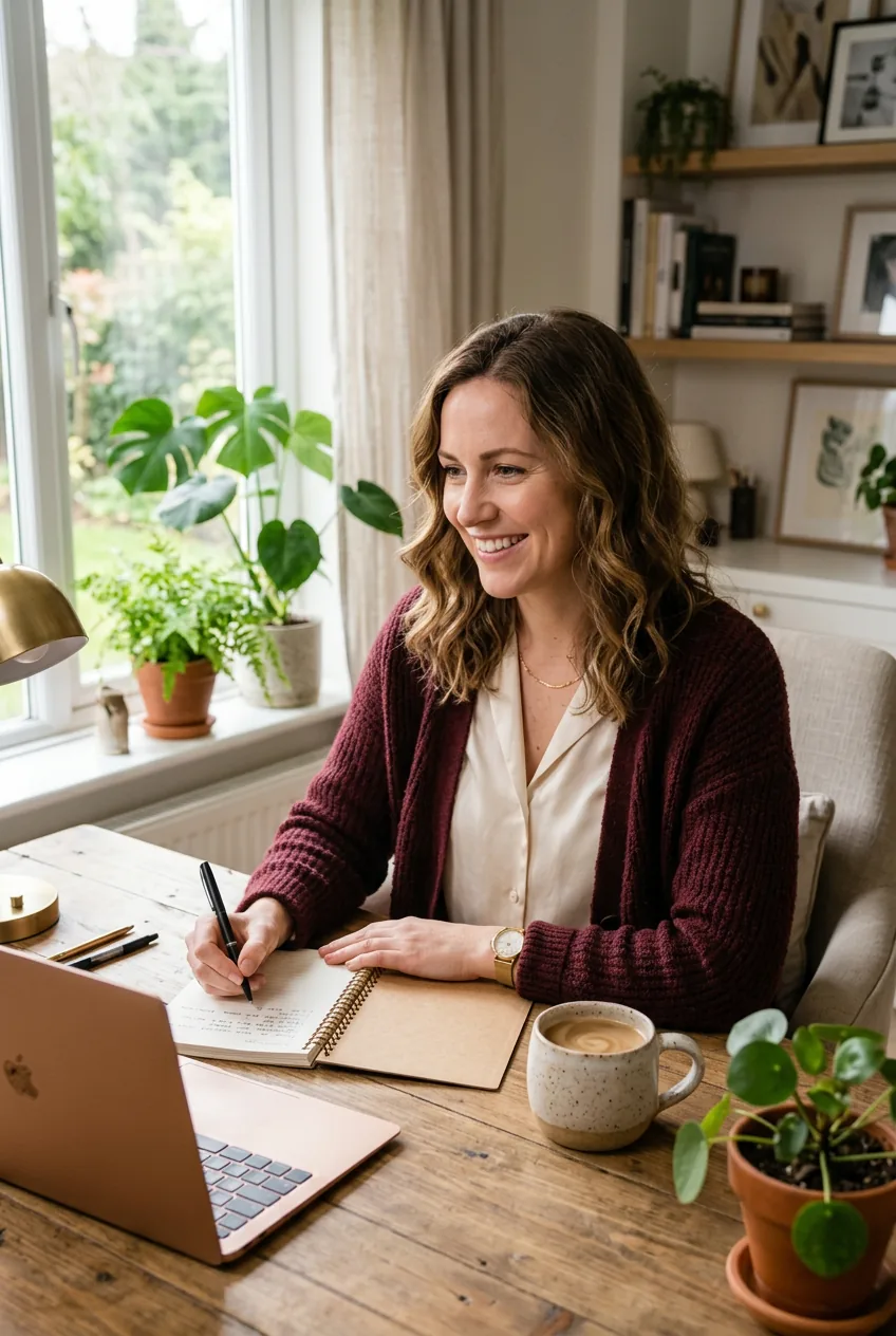 Woman in burgundy cardigan and cream blouse at bright workspace with coffee cup and notebook