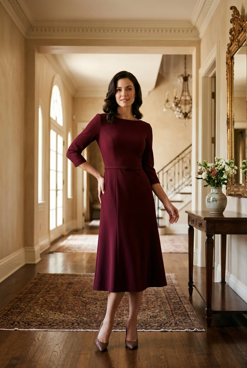 Woman in burgundy dress with perfect waist placement showing proportional styling techniques