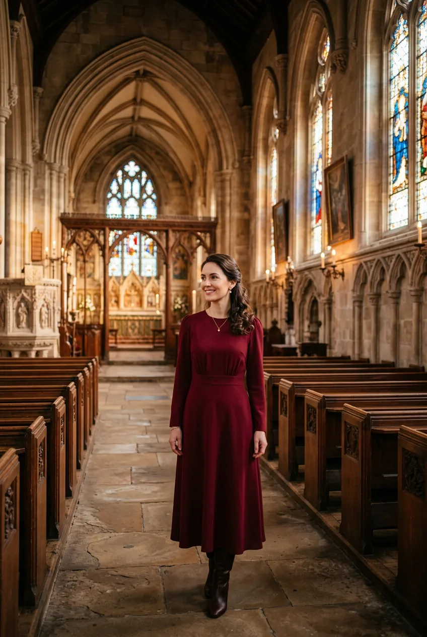 Woman wearing burgundy long-sleeved midi dress standing in church interior with stained glass lighting
